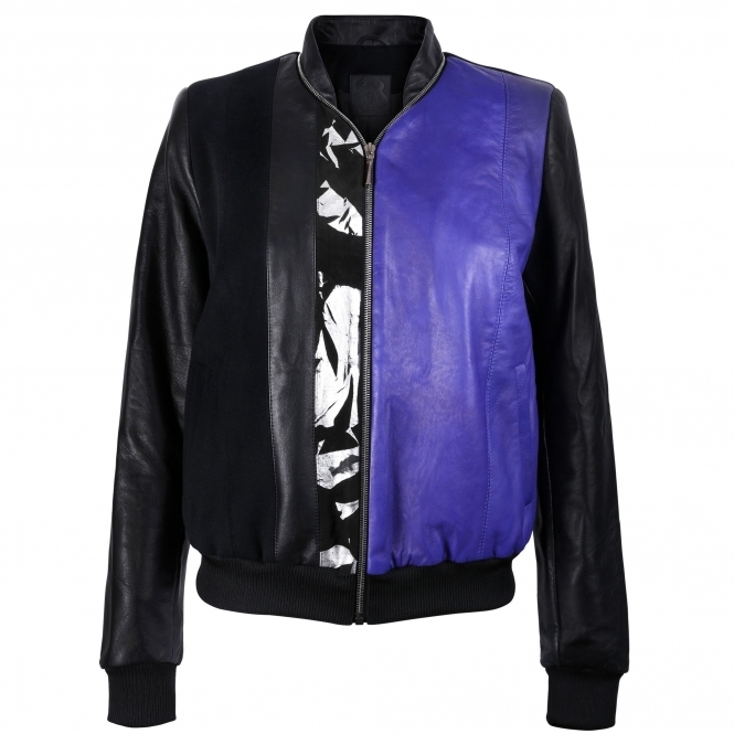 Black and Purple Leather Bomber Jacket with Silver Print Motif