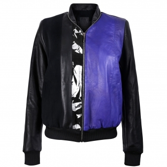 Black and Purple Leather Bomber Jacket with Silver Print Motif