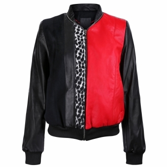 Black and Red Leather Bomber Jacket with Leopard Print Motif