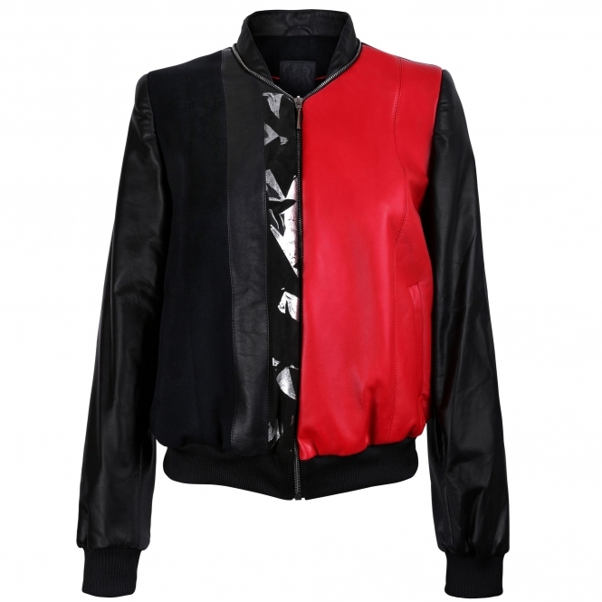 Black and Red Leather Bomber Jacket with Silver Print Motif