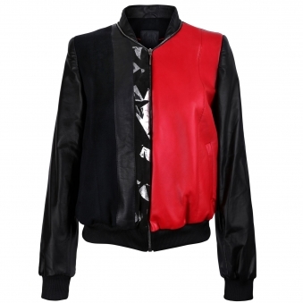 Black and Red Leather Bomber Jacket with Silver Print Motif