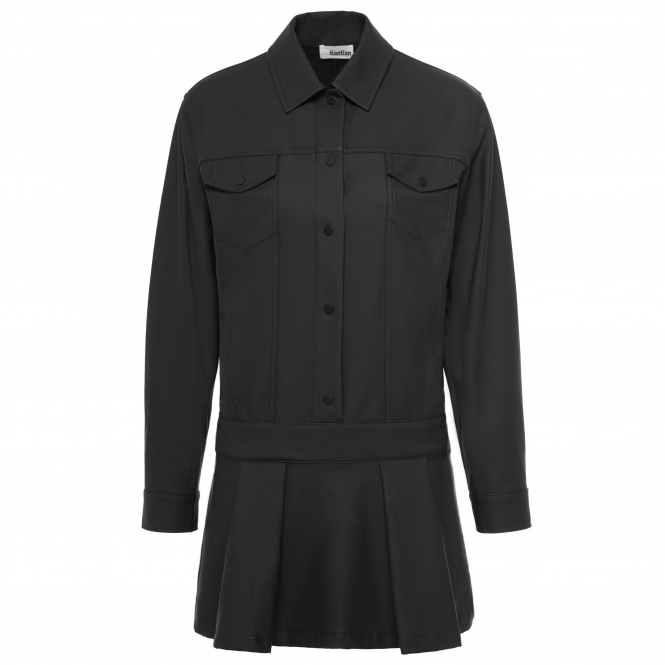 Black PU Leather Pleated Shirt Dress