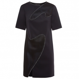 Black Reflective Trim Dress with Mesh Overlay Detail