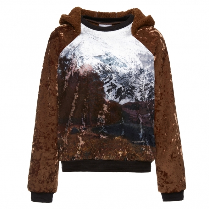Brown Mountain Print Velvet Pullover