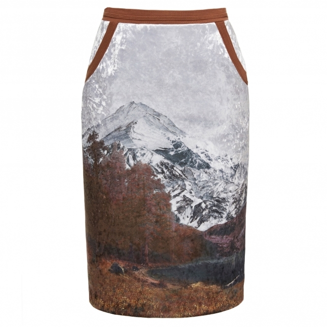 Brown Mountain Print Velvet Skirt