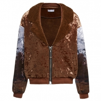 Brown Velvet Zip Jacket with Mountain Print