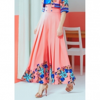 Coral Red Print High Waist Pleated Culottes
