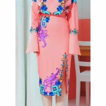 Coral Red Print Jupe Fendue Side Slit Skirt