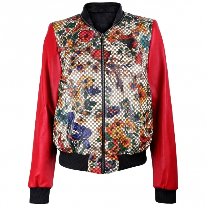 Floral Print Red Bomber Jacket