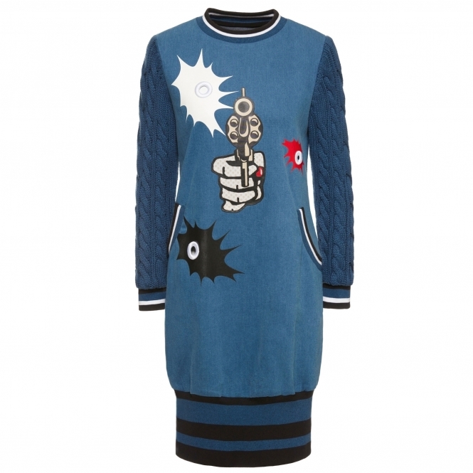 Graphic Print Denim and Knit Long-line Sweater