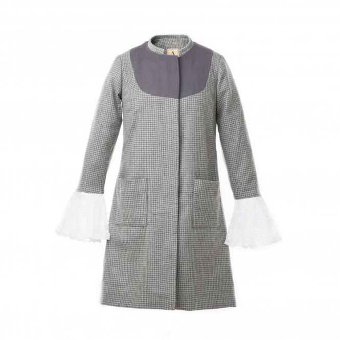 Grey Houndstooth Coat with Lace Sleeves