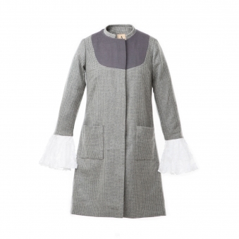 Grey Houndstooth Coat with Lace Sleeves