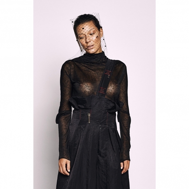 Highneck Jersey Top with Draped Elbows