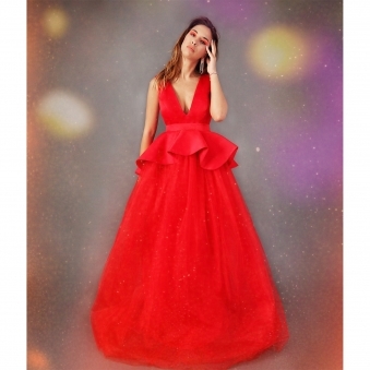 Hot Red Puffy Princess Dress with Asymmetrical Waist Volume
