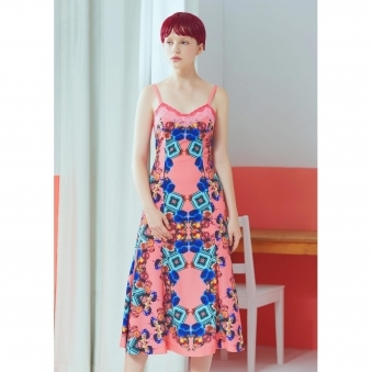 Living Coral Print Lace Neck Long Dress