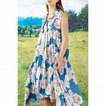 Made To Order Daisy Surrealistic Floral Print Collar and Bow Shibori Dress