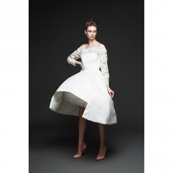 Made To Order Off White Embroidered Shoulder Midi Dress
