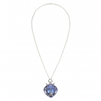 Metallic Steel Blue & Silver Studded Leather Locket Necklace/ Key Chain