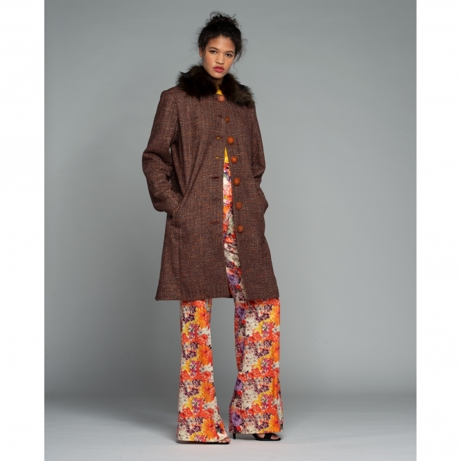 Mid-Length Brown Fur Collar Coat