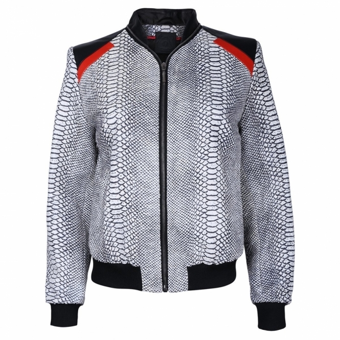 Monochrome Snake Leather Bomber Jacket with Red Motif