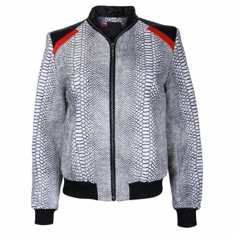 Monochrome Snake Leather Bomber Jacket with Red Motif