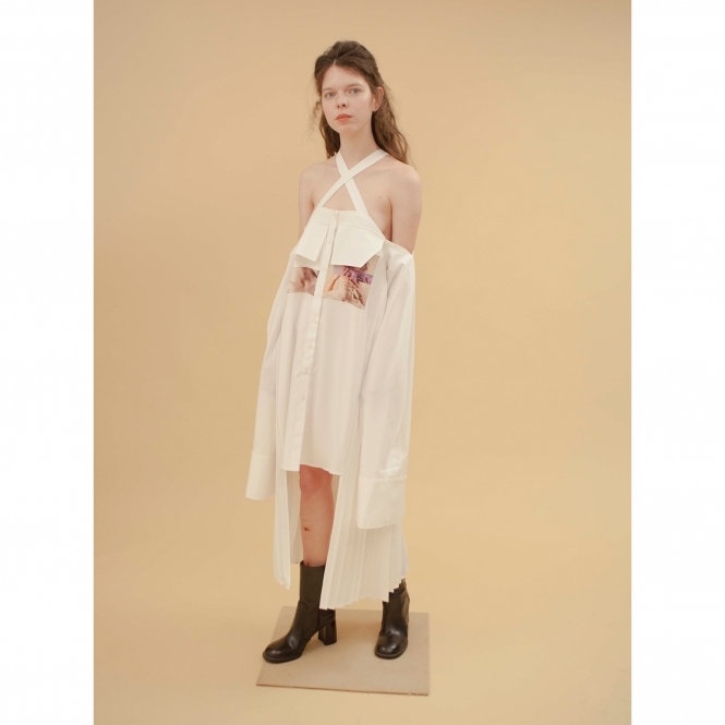 Made To Order Off Shoulder Cross-Strap Shirt Dress With Embroidery Pockets and Side Pleats