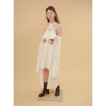 Made To Order Off Shoulder Cross-Strap Shirt Dress With Embroidery Pockets and Side Pleats