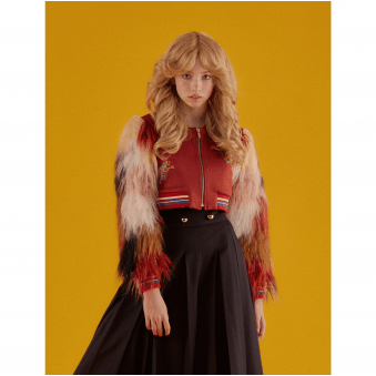 Cropped Neoprene Jacket with Multicoloured Faux Fur Sleeves
