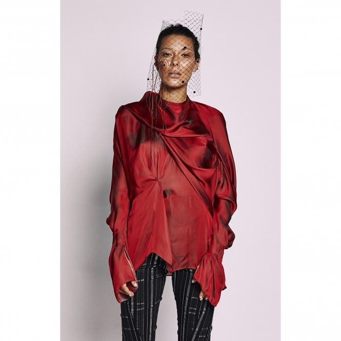 Silk Blouse with Draped Shawl and Hand-stitching Detail