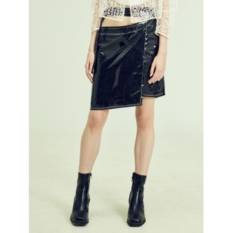 SS20 Made To Order Leathery Hip Cut-Out Latex Treated Nylon Skirt