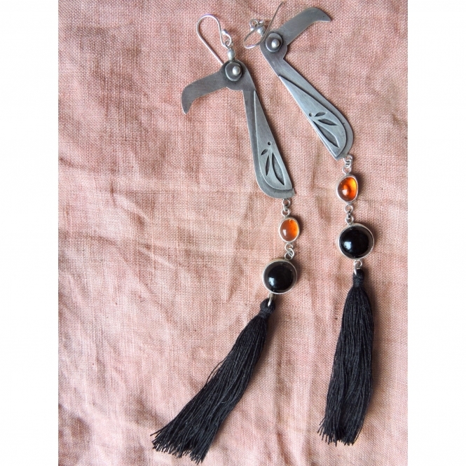 Tall Toucan Shoulder Dusters with Opal & Onyx Tail Feathers