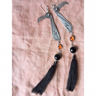 Tall Toucan Shoulder Dusters with Opal & Onyx Tail Feathers
