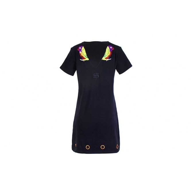 Two Way Embroidered Lorikeet Bird T-shirt Dress – Black