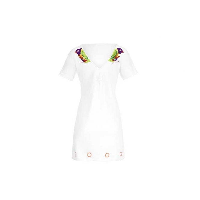 Two Way Embroidered Lorikeet Bird T-shirt Dress – White