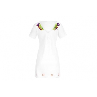Two Way Embroidered Lorikeet Bird T-shirt Dress – White