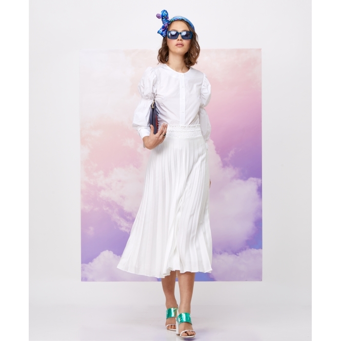 White Pleat Midi Skirt with Elasticated Waist